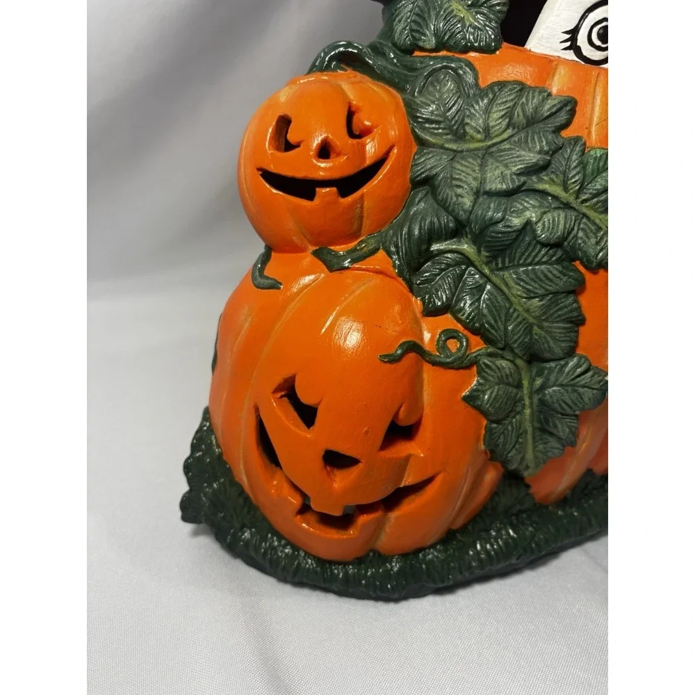 Vintage Ceramic Halloween Pumpkin With Ghost- Double Sided- Lights Up Cord